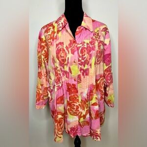 Winter Sun boutique hand painted floral Rose tunic 3/4 sleeves lightweight med